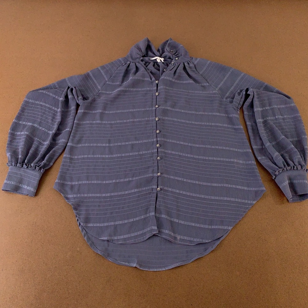 Feather Bone by Anthropologie Women's Small Gray Sheer Stripe Long Sleeve Blouse